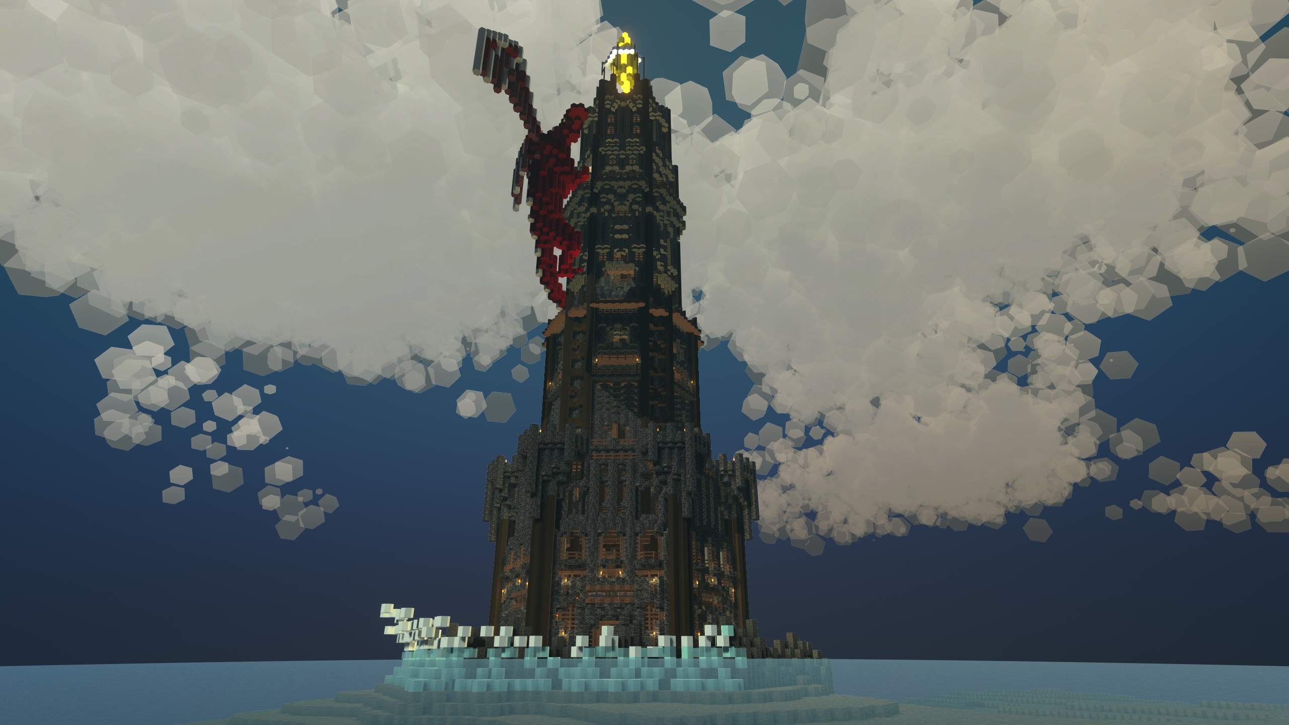 An image of PlanetSmith. title: Dragons Keep, description: Dark tower with a huge dragon sculpture